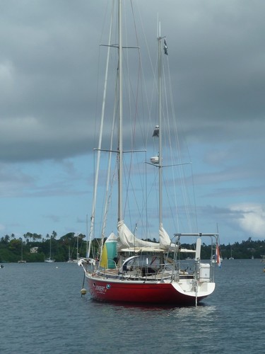 Laura’s ketch Guppy, at anchor in Tonga ©  SW